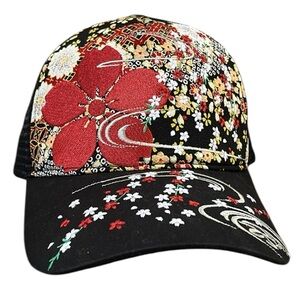 RIPPLE FLOWING WATER CHERRY BLOSSOMS EMBROIDERED CAP BLACK RED WHITE ONE SIZE